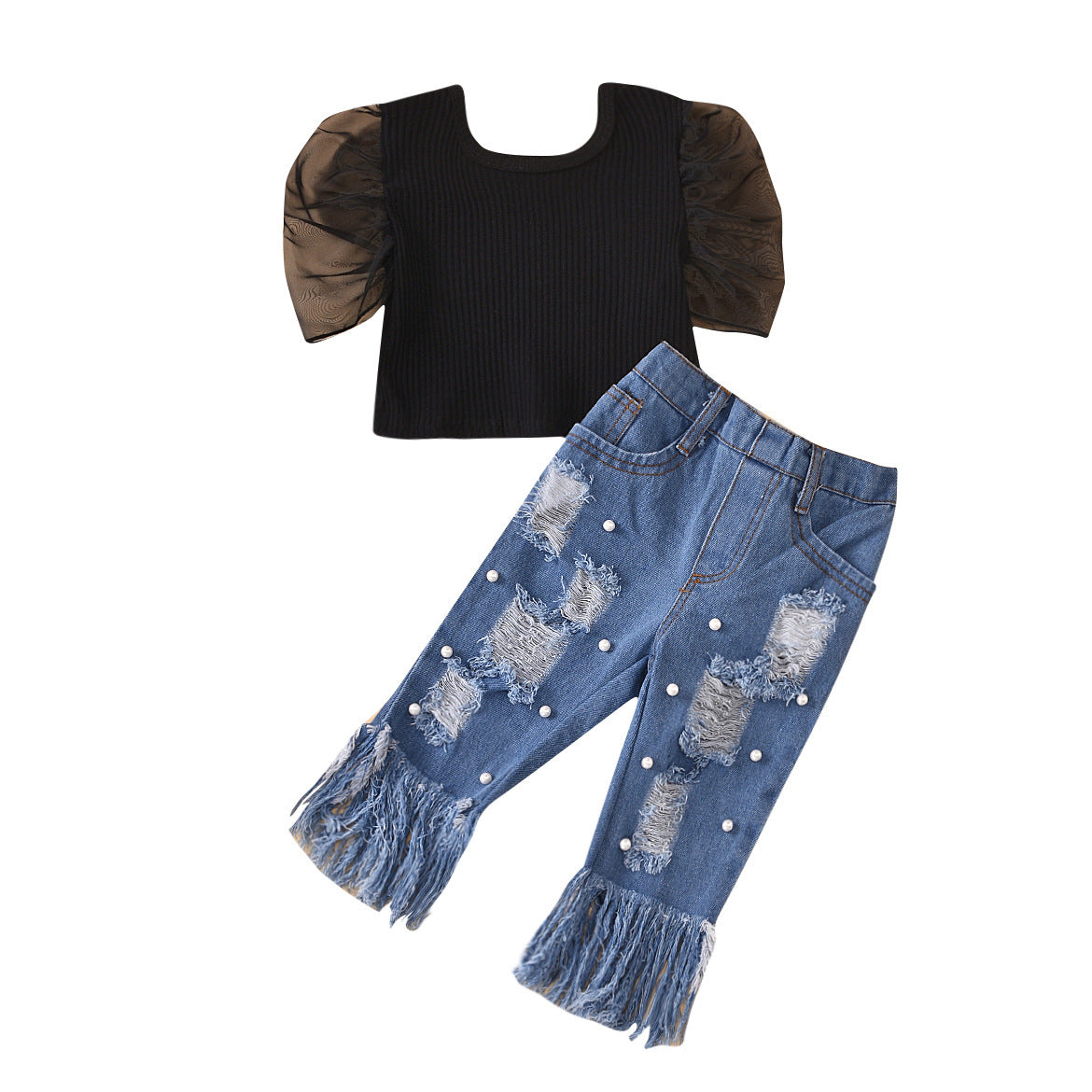 Girls Ripped Hole Embellished Outfit