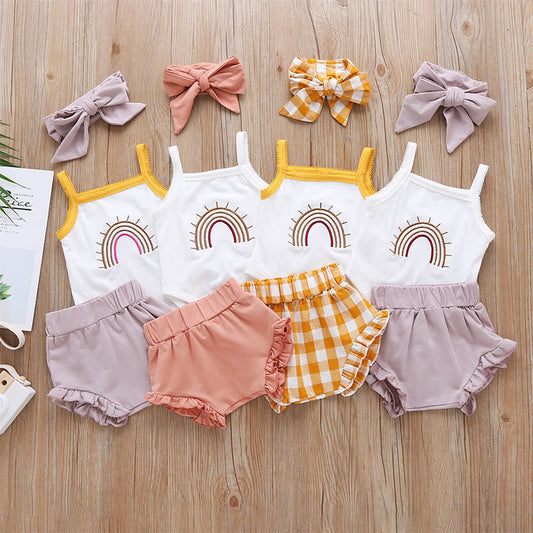 Girl's Three-Piece Sling Romper Plaid Shorts