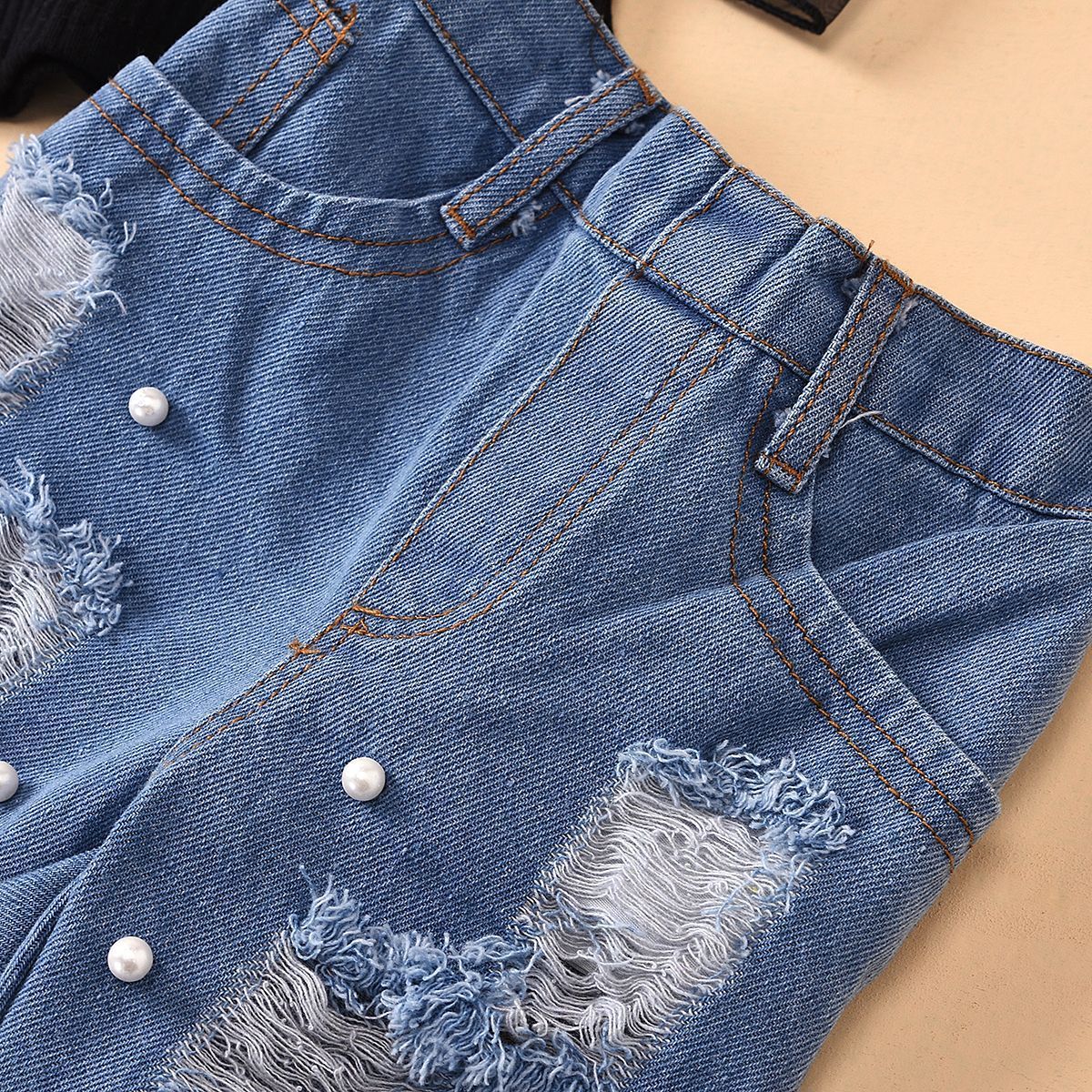 Girls Ripped Hole Embellished Outfit