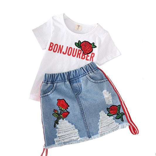 Girl's White T-shirt Denim Skirt 2pcs Suit