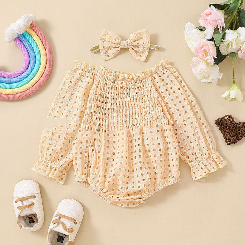 Baby Girl Cotton Mesh Smocking Long Sleeve Off Shoulder Top