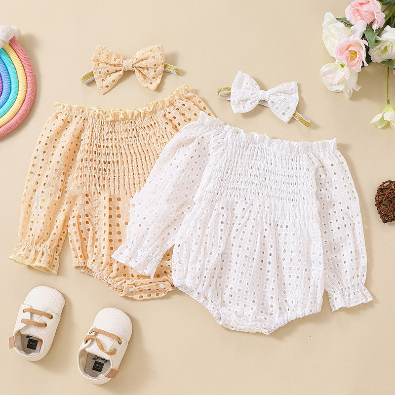 Baby Girl Cotton Mesh Smocking Long Sleeve Off Shoulder Top