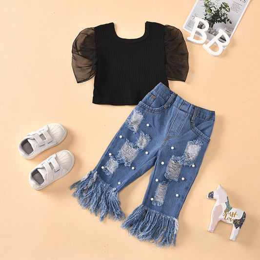 Girls Ripped Hole Embellished Outfit