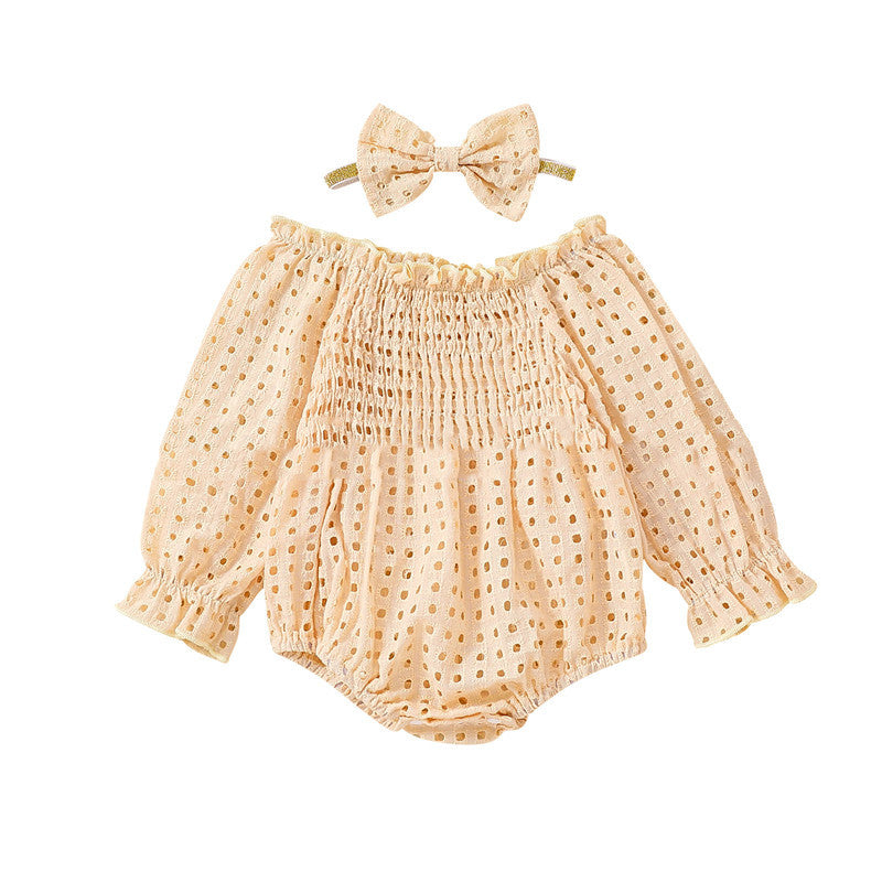 Baby Girl Cotton Mesh Smocking Long Sleeve Off Shoulder Top
