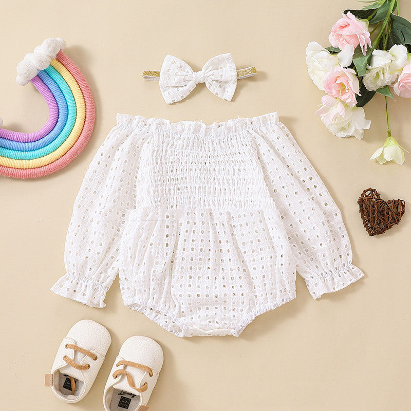Baby Girl Cotton Mesh Smocking Long Sleeve Off Shoulder Top
