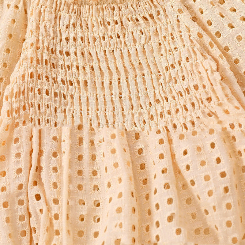 Baby Girl Cotton Mesh Smocking Long Sleeve Off Shoulder Top